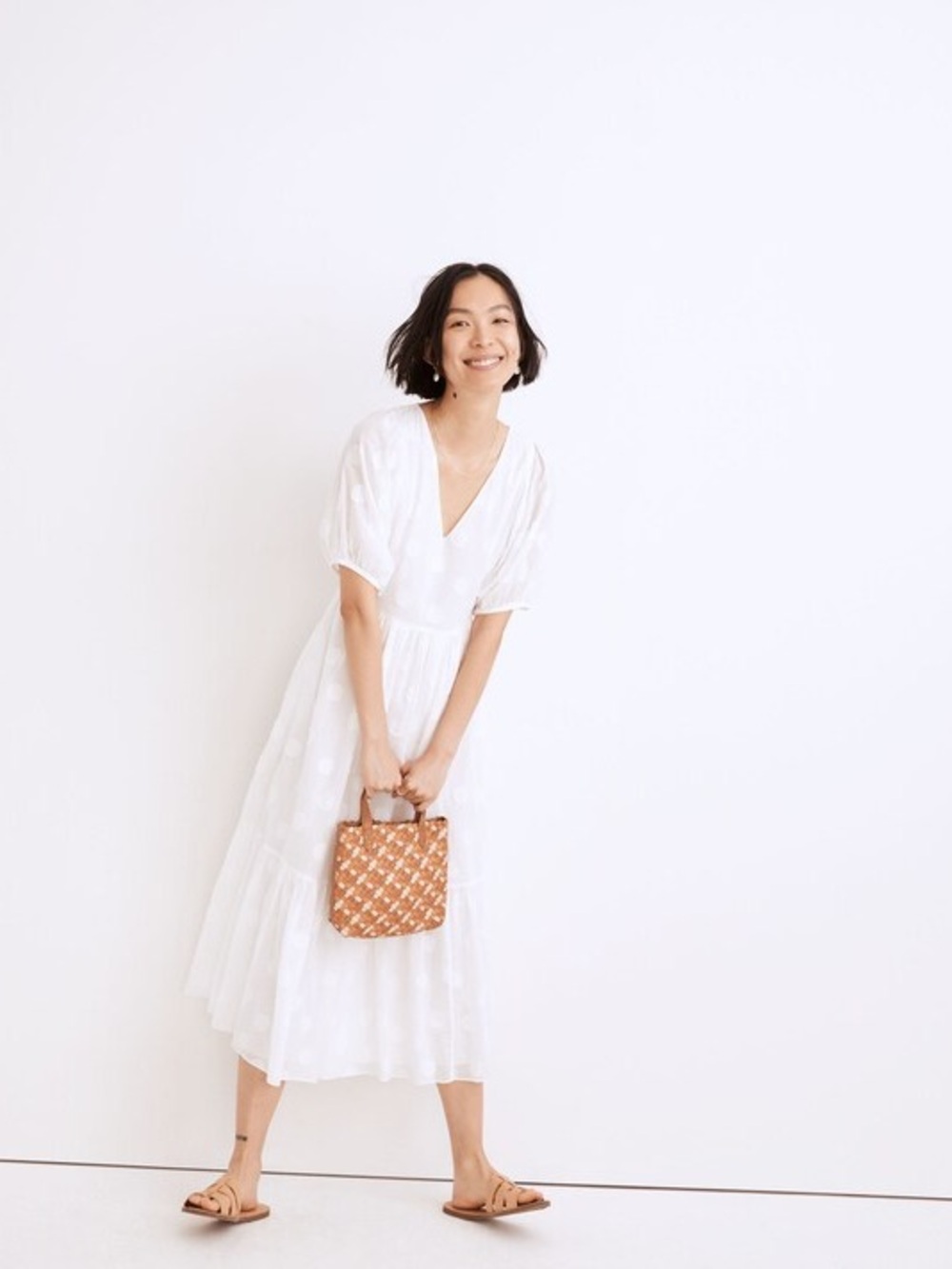 Madewell Dot Jacquard Puff-Sleeve Tiered Midi Dress L